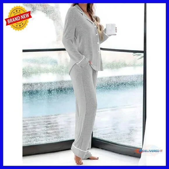 Soft Viscose Long Sleeve Pajama Set with Pockets Button Down Lounge